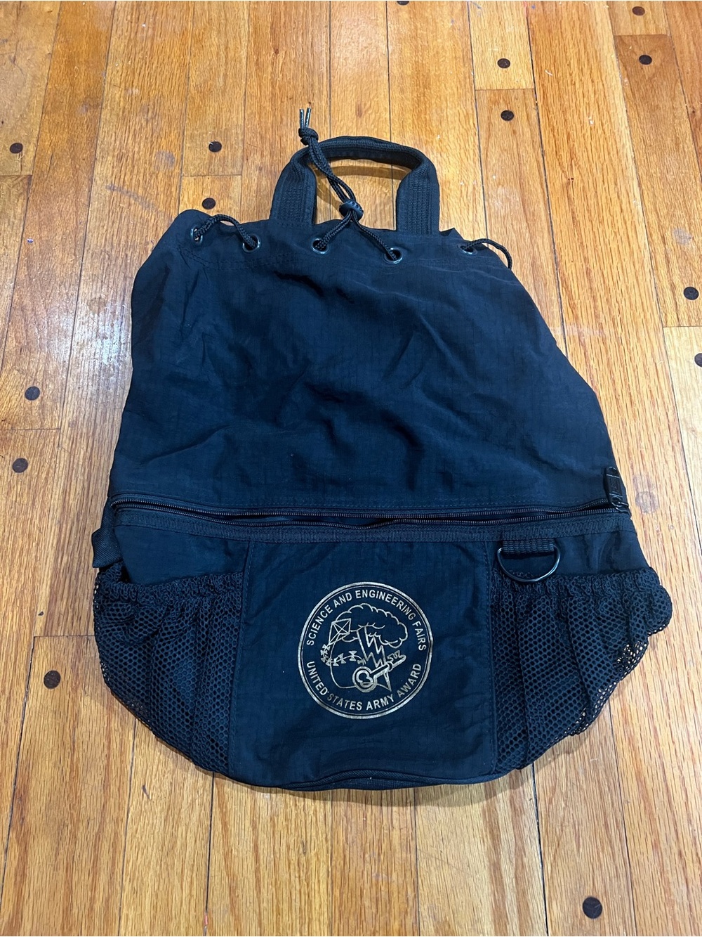 US Army Award Science and Engineering Black Canvas Drawstring Backpack NWOT